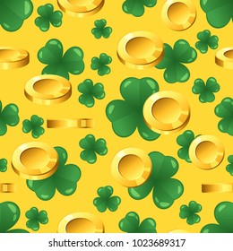 Vector seamless pattern with golden coins and shamrock on yellow background. St. Patrick's day ornament.
