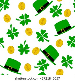 Patrón de Vector sin fisuras con monedas de oro y sombreros Día de San Patricio
