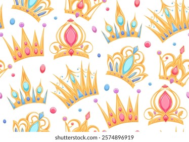 Vector seamless pattern with golden crowns and precious stones on white background. Texture with royal insignia. Wallpaper with tiaras for princesses and queens