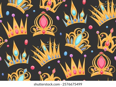 Vector seamless pattern with golden crowns and precious stones on dark background. Texture with royal insignia. Luxury Wallpaper with tiaras for princesses and queens