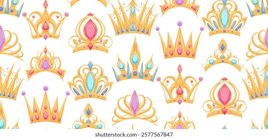 Vector seamless pattern with golden crowns in row on white background. Luxury texture with royal insignia. Wallpaper with tiaras for princesses and queens