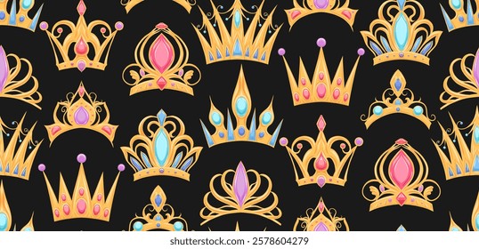 Vector seamless pattern with golden crowns in row on dark background. Luxury texture with royal insignia. Rich wallpaper with tiaras for princesses and queens