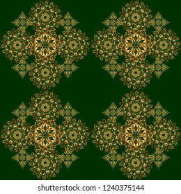 Vector seamless pattern with golden elements. Gold grid on a green background.