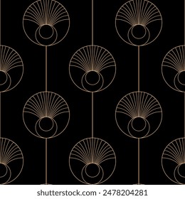 Vector seamless pattern with golden elements in circles on black background. Vector print. Art deco style. Vintage pattern.