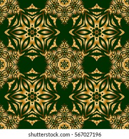 Vector seamless pattern with golden elements. Gold grid on a green background.