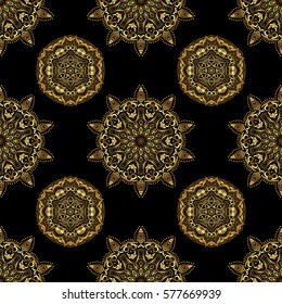 Vector seamless pattern with golden elements. Gold grid on a black background.