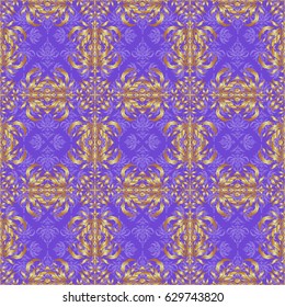 Vector seamless pattern with golden elements. Gold grid on a violet background.