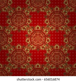 Vector seamless pattern with golden elements. Gold grid on a red background.