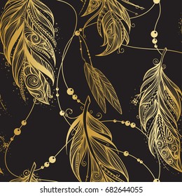 vector seamless pattern with golden feathers