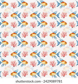 Vector seamless pattern with golden fish and corals. Children's room decor on a sea life topic. Under sea life pattern design for wrapping paper, napkins, fabric, wallpapers 