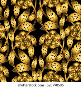 Vector seamless pattern with golden floral ornament. Ornamental lace backdrop. Ornate decor wallpaper. Endless texture. Luxury gold decorative 3d roses flowers, leaves and antique ornaments.