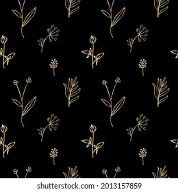 Vector seamless pattern with golden flowers on black isolated hand drawn background.Botanical,Spring,Summer doodle style line print.Designs for textiles,fabic,wrapping paper,packaging,invitations.