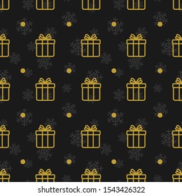 Vector seamless pattern with golden gift boxes on black background. Holiday design for greeting card, gift box, fabric, wallpaper, wrapping paper, web design.