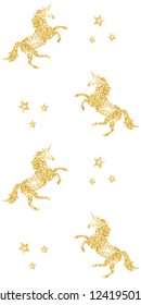 Vector seamless pattern of golden glitter unicorn silhouette isolated on white 