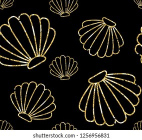 Vector seamless pattern of golden glitter contour line  shell isolated on black background 
