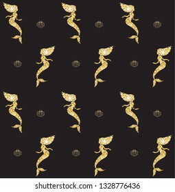 Vector seamless pattern of golden glitter mermaid silhouette and shell isolated on black background 