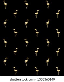Vector seamless pattern of golden glitter flamingo silhouette isolated on black background