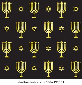 Vector seamless pattern of golden glitter Hanukkah candle and jewfish star silhouette isolated on black background