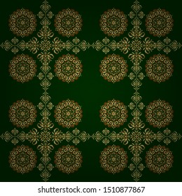 Vector seamless pattern with golden and green vintage ornaments.