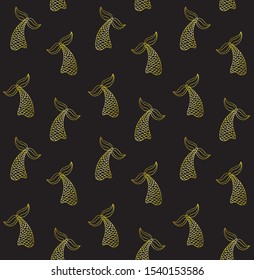 Vector seamless pattern of golden hand drawn doodle sketch mermaid tail isolated on black background