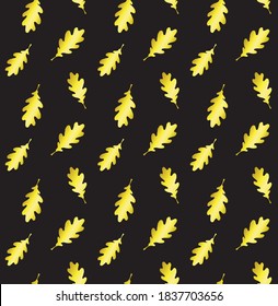 Vector seamless pattern of golden hand drawn doodle sketch oak leaf silhouette isolated on black background