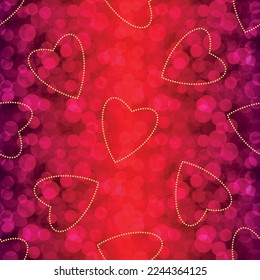 Vector seamless pattern with golden hearts on a purple gradient striped background, bokeh
