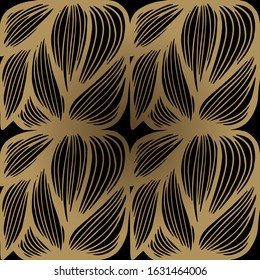 Vector seamless pattern with golden leaves pattern on black isolated background. Natural elegant background for wallpapers, fabric, prints, cards, gift packaging. Simple luxury textured design.