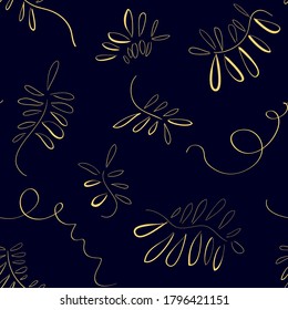 Vector seamless pattern with Golden Leaves of Tufted Vetch on dark blue background