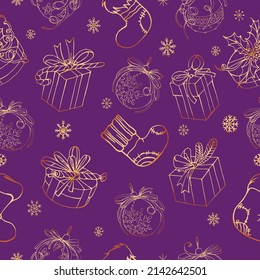 Vector seamless pattern: golden linear snowflakes, gift boxes. decorated balls on purple background. Christmas or new year design for textile, wallpaper, wrapping paper, packing.