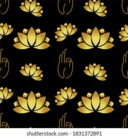 Vector seamless pattern with golden lotus and buddha hand for fabrics, paper, textile, gift wrap, spa logo