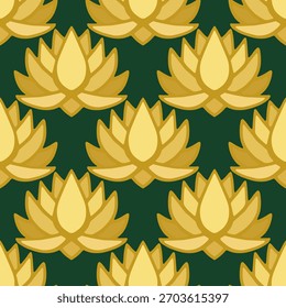 Vector seamless pattern with a golden lotus flower on a dark green background. Pattern in retro nouveau style.