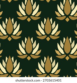 Padrão de vetor sem emenda com uma flor de lótus dourada em um fundo verde escuro. Padrão no estilo retro nouveau.