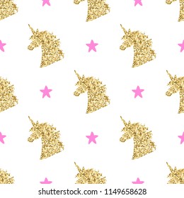 Vector seamless pattern with golden magical unicorn head silhouettes and stars. Inspirational design for print, banner, poster, fashion.