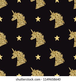 Vector seamless pattern with golden magical unicorn head silhouettes and stars. Inspirational design for print, banner, poster, fashion.