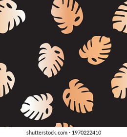 Vector seamless pattern with golden monstera leaves Glowing lush palm leaves on black background