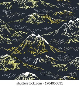 Vector seamless pattern with golden mountains with white snow on black background. Cover surface. Hand-drawn illustration.