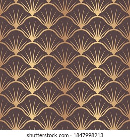 Vector seamless pattern golden nouveau. Art deco fan gold. Gatsby gold texture. Vintage scale ornate background. Classic great style. Roaring ornament. Elegant motif. Delicate design shell for prints