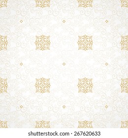 Vector seamless pattern with golden ornament. Vintage element for design in Victorian style. Ornamental lace tracery. Ornate floral decor for wallpaper. Endless texture. Light pattern fill.