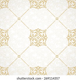 Vector seamless pattern with golden ornament. Vintage element for design in Victorian style. Ornamental lace tracery. Ornate floral decor for wallpaper. Endless texture. Light background.