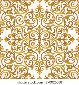 Vector seamless pattern with golden ornament. Vintage element for design in Victorian style. Ornamental lace tracery. Ornate floral decor for wallpaper. Endless texture. Bright pattern fill.