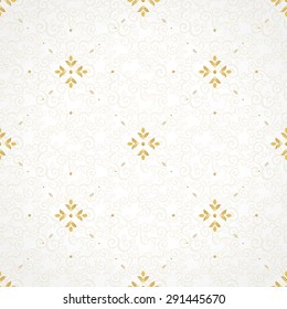 Vector seamless pattern with golden ornament. Vintage element for design in Eastern style. Ornamental lace tracery. Simple floral decor for wallpaper. Endless texture. Light pattern fill.
