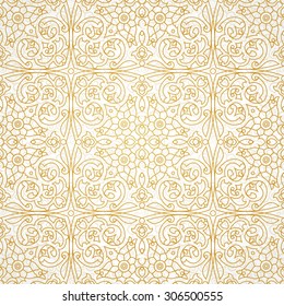 Vector seamless pattern with golden ornament. Vintage element for design in Eastern style. Ornamental lace tracery. Ornate floral decor for wallpaper. Endless texture. Line art pattern fill.