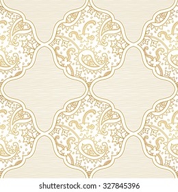 Vector seamless pattern with golden ornament. Vintage paisley element for design in Eastern style. Line art ornamental lace tracery. Ornate floral decor for wallpaper. Endless outline texture.