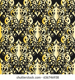 Vector seamless pattern with golden ornament. Vintage element for design in Victorian style. Ornamental lace tracery. Ornate floral decor for wallpaper. Endless texture. Bright pattern fill.