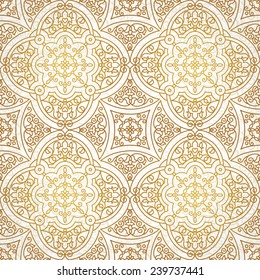 Vector seamless pattern with golden ornaments. Vintage element for design in Eastern style. Ornamental lace tracery. Ornate floral decor for wallpaper. Endless vintage texture. Light pattern fill.