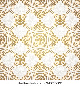 Diseño vectorial sin fisuras con adornos dorados. Elemento vintage para el diseño en estilo oriental. Tracería de encaje ornamental. Decoración floral de carpintería. Textura vintage sin fin. Relleno de patrón claro.