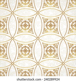 Vector seamless pattern with golden ornaments. Vintage element for design in Eastern style. Ornamental lace tracery. Ornate floral decor for wallpaper. Endless vintage texture. Light pattern fill.
