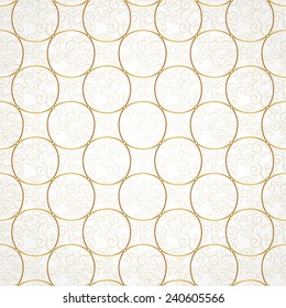 Vector seamless pattern with golden ornaments. Vintage element for design in Eastern style. Ornamental lace tracery. Decor for wallpaper. Endless vintage texture. Light pattern fill.