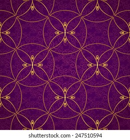 Vector seamless pattern with golden ornaments. Vintage element for design in Eastern style. Ornamental lace tracery. Ornate floral decor for wallpaper. Endless vintage texture. Brocade pattern fill.