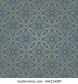 Vector seamless pattern from golden ornaments on blue background. Traditional seamless texture with oriental motives. 